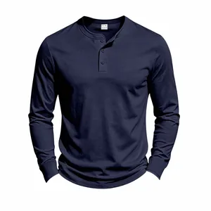 Detailed front view of a navy blue long-sleeved Henley shirt with buttoned placket