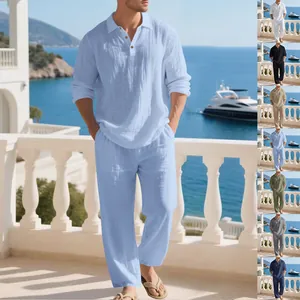 Hochwertiges Herren Freizeit-Leinen-Set aus langärmeligem Poloshirt und Hose für Strand