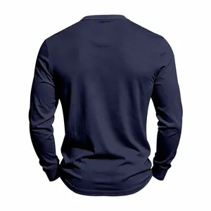 Back view of a premium navy blue long-sleeve knit Henley shirt for men's casual style