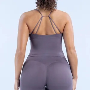 Back view of seamless purple yoga tank top with thin criss-cross straps for women