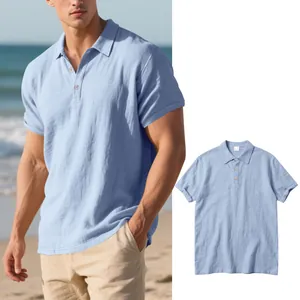 Polo décontracté en lin à manches courtes pour homme bleu clair en tissu texturé respirant