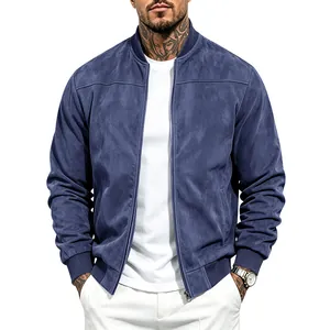 Vue détaillée d'un blouson aviateur en daim bleu pour homme avec col côtelé et fermeture