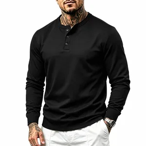 Classic men's solid black long-sleeve Henley shirt featuring a stylish button placket detail