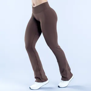 Detailed view of brown seamless flare yoga pants with crossover waist and butt lifting fit