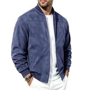 Détail du blouson bomber pour homme en daim bleu avec fermeture éclair et bords-côtes