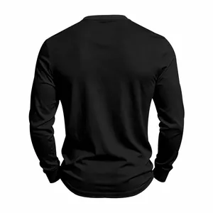 Back view of men's plain black long-sleeved shirt with soft knit texture