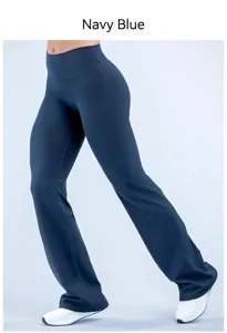 Professional navy blue high-waisted flared yoga pants with double-sided brushed fabric detail