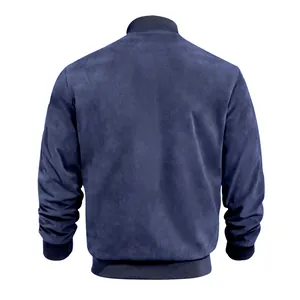 Detailed back view of a premium navy blue suede bomber jacket with ribbed cuffs and hem