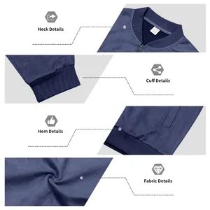 Vues détaillées du col, des poignets, de l'ourlet et du daim de la veste bombardier bleue
