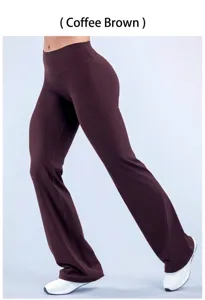 Detail view of high-waisted coffee brown yoga flare pants with brushed texture