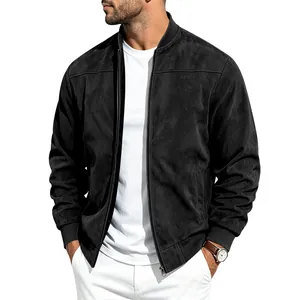 Premium men's black suede bomber jacket with stylish zipper and ribbed collar details