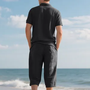 Detailed back view of men's casual charcoal gray linen polo shirt and beach pants set