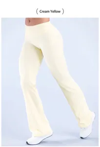 Detailed view of high-waisted flared yoga pants in a soft cream yellow color.
