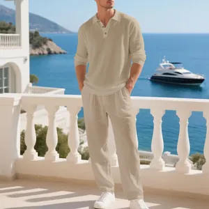 Men's beige linen-blend long sleeve polo and trousers two-piece set for beach leisure