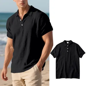 Polo noir à manches courtes pour hommes en imitation lin pour les vacances d'été