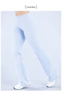 Side view detail of high-waisted flared yoga pants in cloud blue double-sided fabric