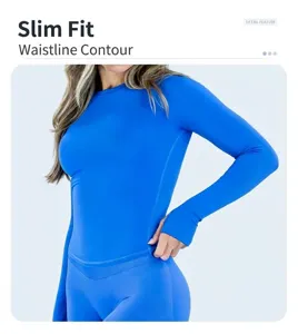 Detail showing the slim fit and seamless design of the blue athletic long sleeve top