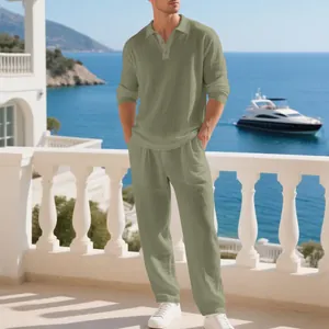 Men's casual sage green linen polo long sleeve shirt and pants two-piece beach outfit