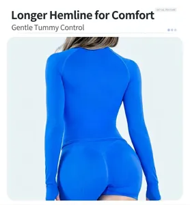 Detailed back view of a seamless blue long-sleeve yoga top featuring a slimming fit.