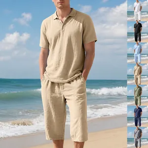 Ensemble Décontracté pour Hommes en Lin Polo et Pantalon Sept-Huitièmes Top And Bottom Été Plage Respirant Couleur Unie Vacances Vêtements