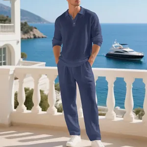 Men's two-piece navy blue linen long sleeve polo shirt and pants casual beachwear set