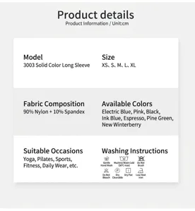 Detailed chart of seamless quick-dry long sleeve yoga top with fabric and size info