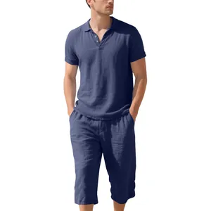 Ensemble d'été pour hommes en lin bleu marine avec polo et pantalon décontracté