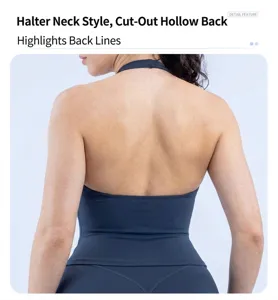 Vue détaillée d'un débardeur de yoga licou avec un design fonctionnel dos nu.