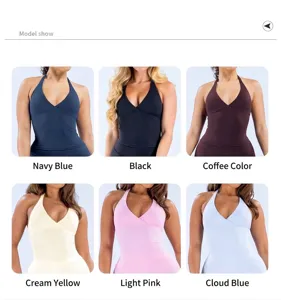 Vue détaillée complète des débardeurs de yoga ajustés multicolores à col en V et licou.