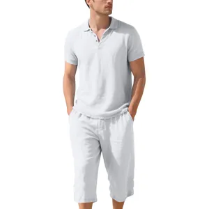 Men's premium summer casual white linen Polo shirt and matching cropped pants set