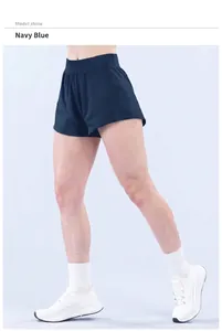 Detailansicht der marineblauen High-Waist-Yoga-Shorts für Damen beim Fitness und Laufen
