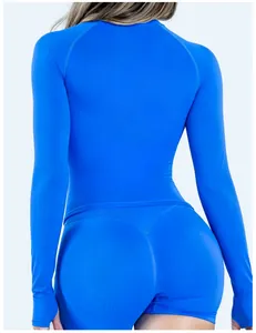 Back view detail of a blue seamless tight-fitting long-sleeved yoga sports T-shirt