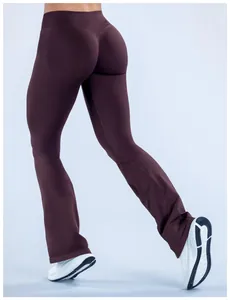 Back view of seamless high-waisted burgundy flare yoga pants for women gym workout