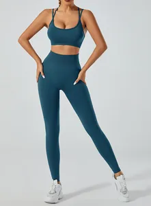 Detailed view of the teal seamless yoga set showing the full fit and high-waist design