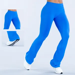 Seamless high-waist yoga flare pants for fitness and running in vibrant blue color