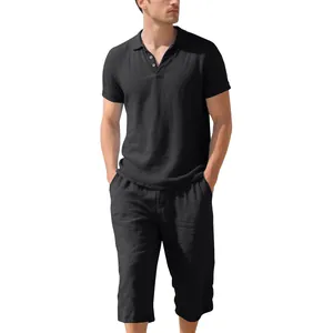 Summer men's casual linen Polo shirt and matching cropped pants set in solid black