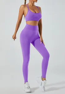 Detail of purple yoga set featuring a sports bra and high waist leggings for fitness