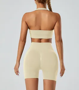 Professional back view of seamless high-elastic yoga set with halter sports bra and shorts