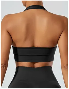 Detailed back view of a black ribbed halter sports bra for yoga and fitness training
