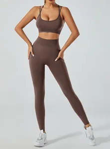 Front view of brown seamless yoga set with sports bra and high-waisted leggings