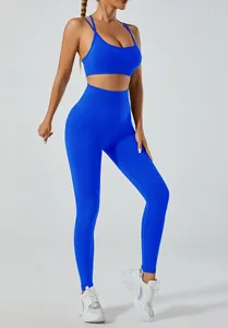 Detailed view of blue seamless sports bra and high-waisted yoga leggings