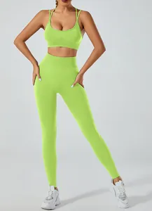 Full body view of neon green yoga set featuring sports bra and high-waist leggings