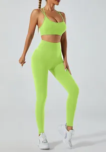 Professional detail of neon green high-waist yoga set showing seamless fabric texture.