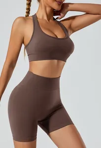 Sporty brown seamless yoga set with halter sports bra and high-waist shorts