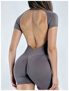 Close-up back view of a grey high-stretch quick-dry backless short-sleeve yoga bodysuit