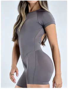 Side view of a high-stretch quick-dry yoga bodysuit with backless design in charcoal