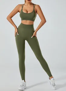 Two-piece olive green yoga set with sports bra and high-waisted leggings for gym