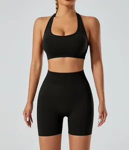 Seamless high-stretch yoga set with halter sports bra and high-waist shorts in black