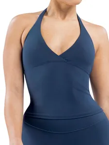 Top de yoga azul marino con cuello halter y escote en V en tejido cepillado suave