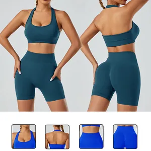Women Halter Neck Seamless Yoga Top And Bottom High Elastic Workout Sports Bra High Waist Lifting Shorts Gym Outfit